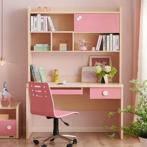 Bàn học sinh liền giá sách màu hồng, thiết kế dễ thương cho bé gái - BHSVP17