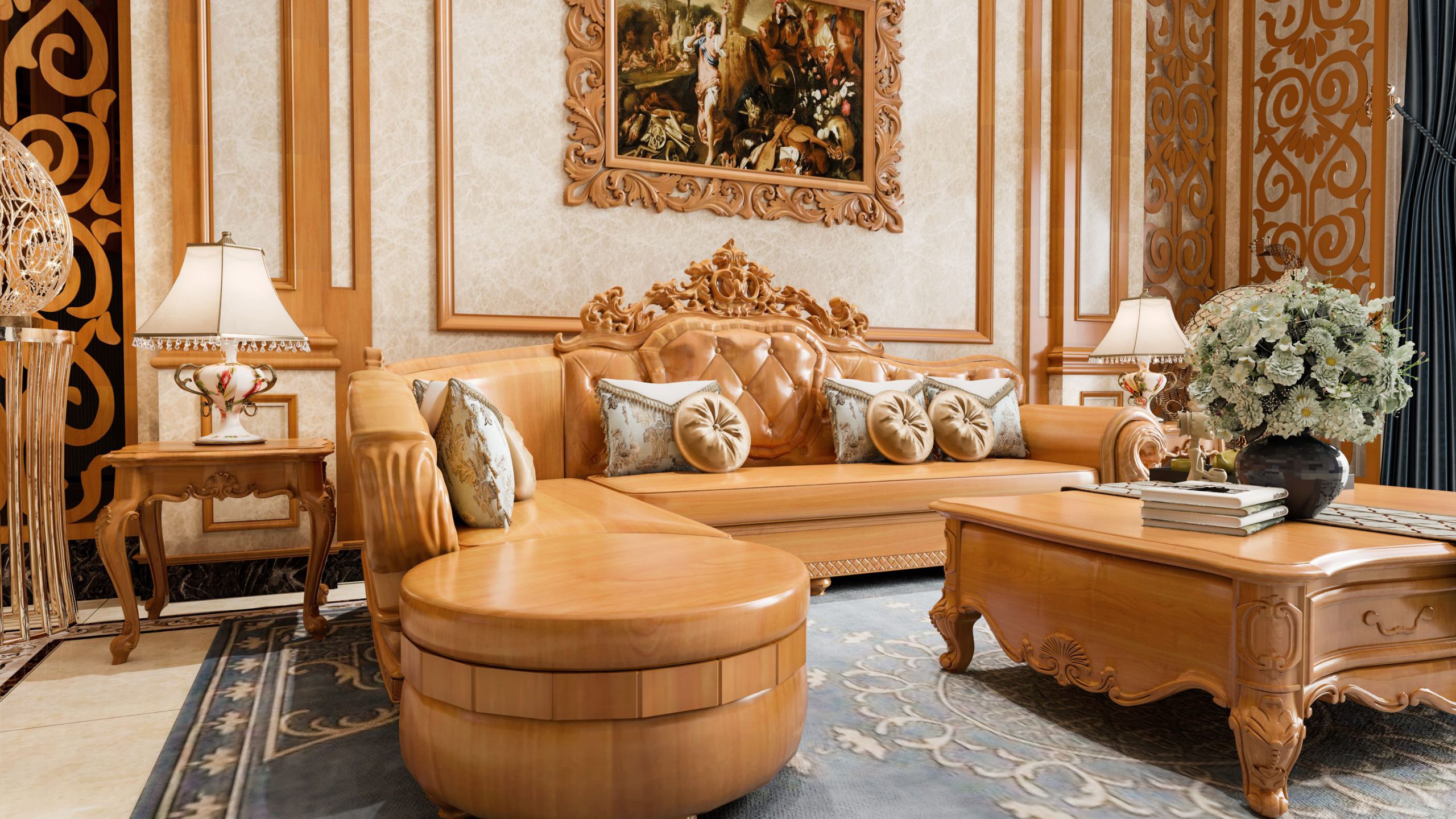 Sofa gỗ phong cách tân cổ điển được bố trí hài hòa với không gian