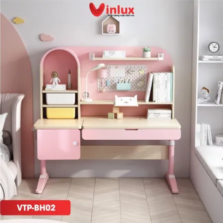 Bàn học sinh Vinlux màu hồng cao cấp, có kệ sách và ngăn kéo tiện dụng - BGHSVP10