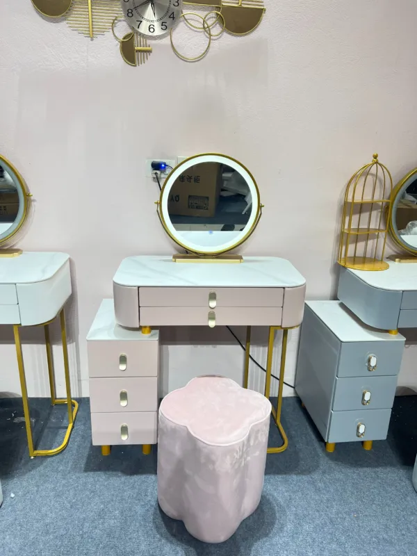 Bàn phấn hiện đại mặt đá, gương tròn cảm ứng, tủ kéo tiện dụng - BTDVP58