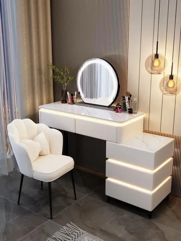 Bàn phấn hiện đại mặt đá, gương tròn cảm ứng, tủ viền đèn LED tinh tế - BTDVP43