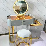 Bàn trang điểm cao cấp gương tròn LED, chân mạ vàng sang trọng - BTDVP50