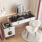 Bàn trang điểm cao cấp mặt đá đen, gương tròn LED tinh tế - BTDVP52