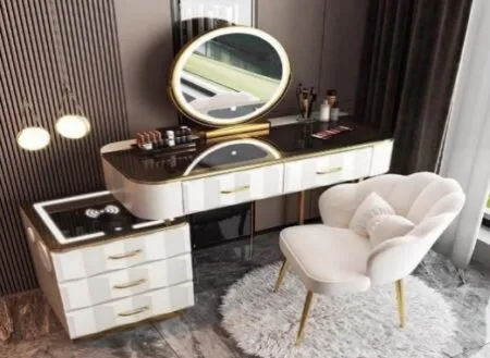 Bàn trang điểm cao cấp mặt đá, gương tròn viền vàng, thiết kế châu Âu - BTDVP53