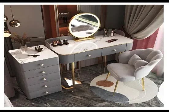 Bàn trang điểm hiện đại mặt đá cao cấp, gương LED tròn sang trọng - BTDVP54