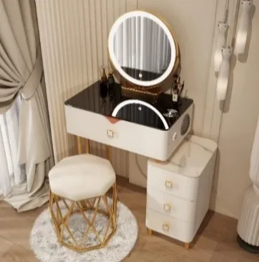 Bàn trang điểm tân cổ điển, khung vàng, gương sáng LED cao cấp - BTDVP55