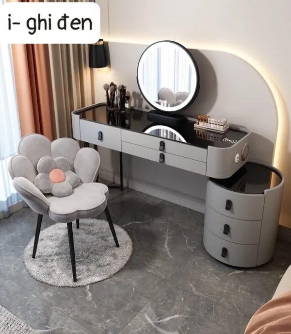 Bàn trang điểm trắng đen mặt kính, gương tròn LED cảm ứng hiện đại - BTDVP45