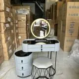 Bàn trang điểm mini gương tròn LED, chân sắt, ghế nệm êm ái - BTDVP49
