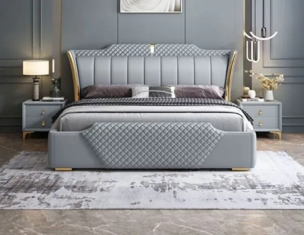 Giường bọc da ghi cao cấp, đầu giường chần nổi, chân vàng tinh tế - GNVP46