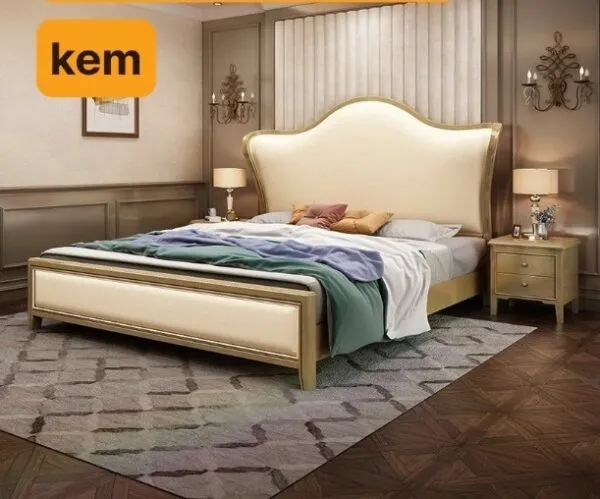 Giường bọc da kem đầu cong mềm mại, chân vàng hiện đại - GNVP45