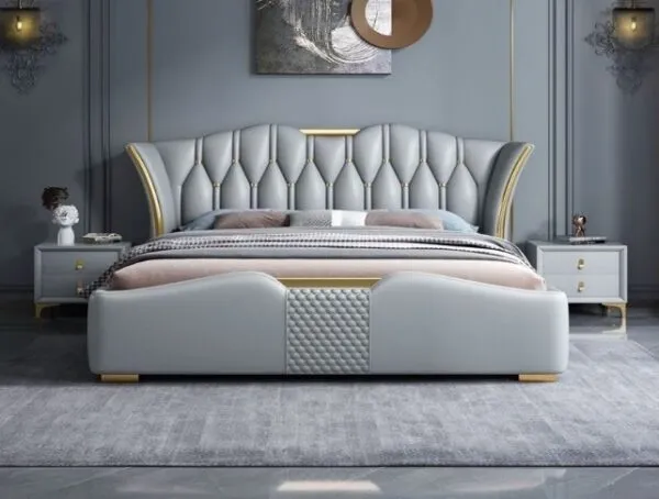 Giường da ghi sáng đầu giường cánh cong, điểm vàng sang trọng - GNVP54