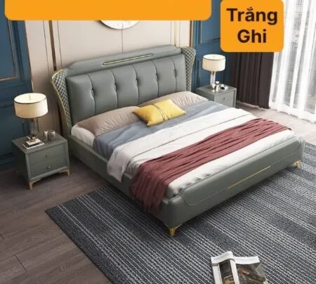 Giường da màu trắng ghi đầu giường nút dọc, chân vàng hiện đại - GNVP43