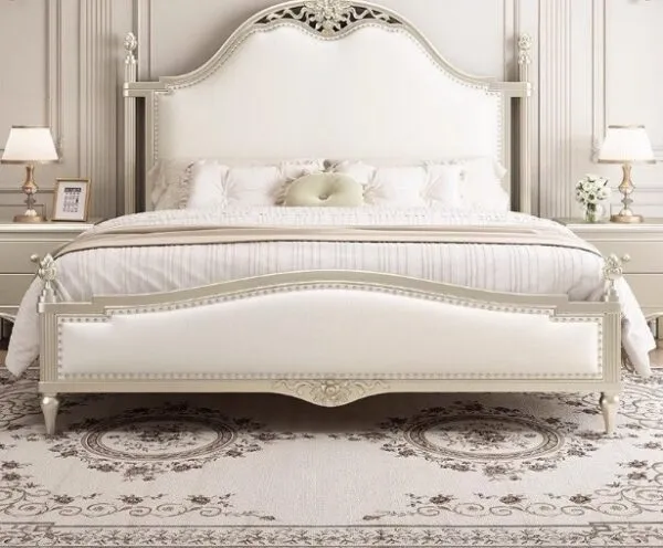 Giường da trắng kem hoàng gia, đầu giường chạm khắc tinh xảo - GNVP44