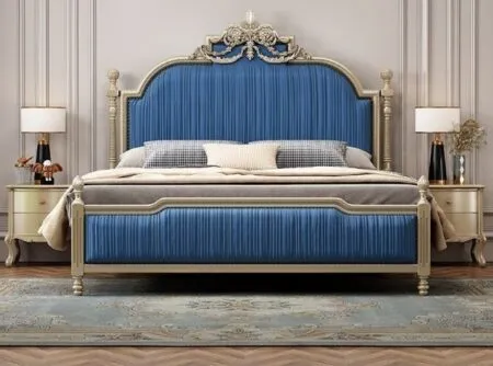 Giường hoàng gia xanh dương, đầu giường chạm khắc hoa văn mạ vàng - GNVP48