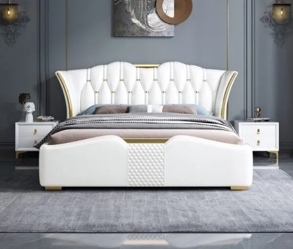 Giường ngủ bọc da trắng phối vàng, đầu giường cánh cong cao cấp - GNVP50