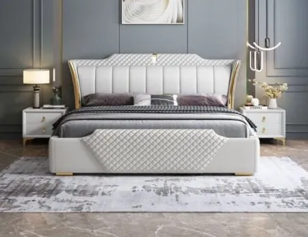 Giường ngủ da trắng chần ô kim cương, chân vàng đẳng cấp - GNVP42