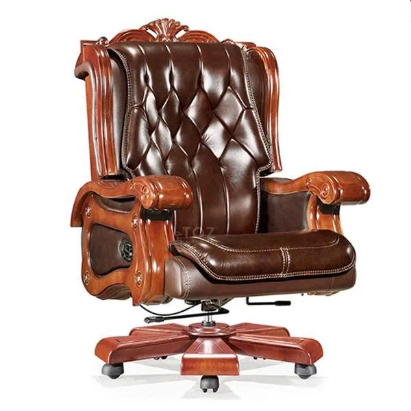 Ghế lãnh đạo cổ điển bọc da chân xoay gỗ, hoa văn sang trọng - GGDVP31