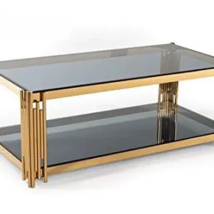 Bàn trà inox mạ vàng mặt kính cường lực đen - BTVP34