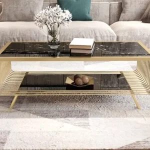 Bàn trà nhập khẩu mặt đá marble chân inox mạ vàng - BTVP49
