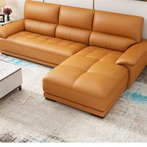 Bộ sofa góc chữ L da thật màu caramel, thiết kế thấp sang trọng phong cách Âu - SGCVP08