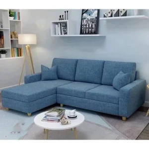 Sofa vải nỉ xanh chữ L, chân gỗ tự nhiên hiện đại trẻ trung - SGCVP01