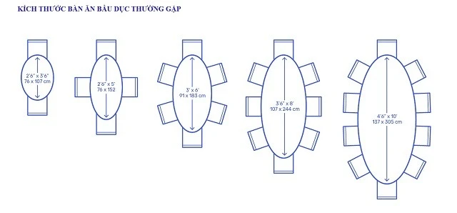 Kích thước bàn ăn hình bầu dục Kích thước bàn ăn hình bầu dục