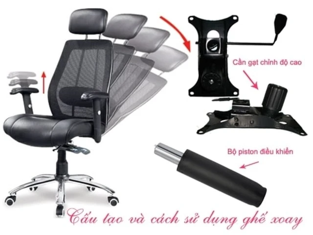 Nếu muốn điều chỉnh độ cao của ghế xoay, bạn chỉ cần gạt nhẹ tay vào chiếc cần gạt nằm ngay dưới đệm ghế Nếu muốn điều chỉnh độ cao của ghế xoay, bạn chỉ cần gạt nhẹ tay vào chiếc cần gạt nằm ngay dưới đệm ghế