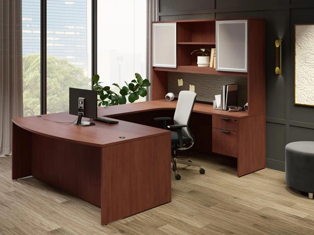 Bàn làm việc gỗ chữ U liền kệ để đồ Bàn làm việc gỗ chữ U liền kệ để đồ