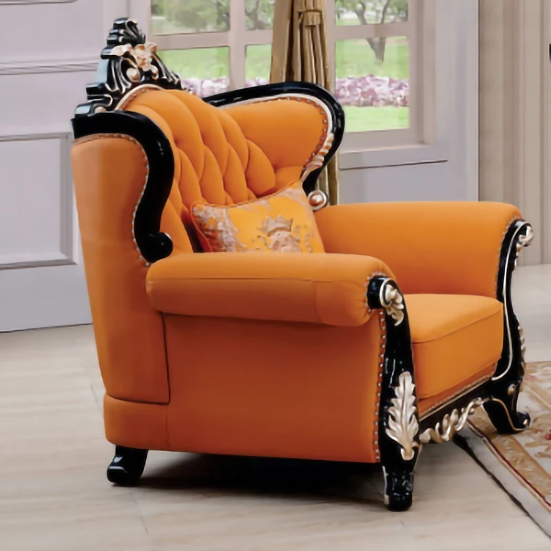 Ghế sofa da bò tân cổ điển màu cam Ghế sofa da bò tân cổ điển màu cam